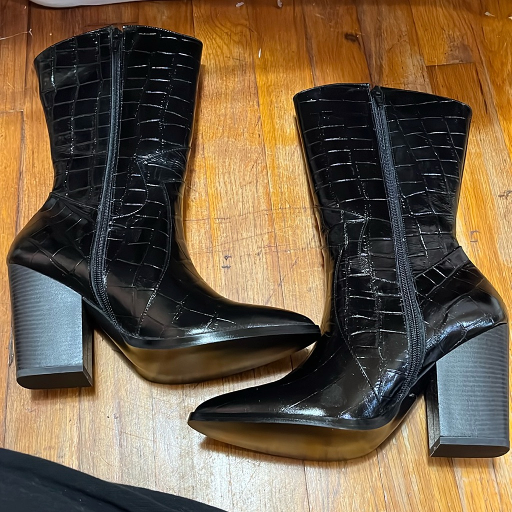Black Crocodile Textured Leather Boots